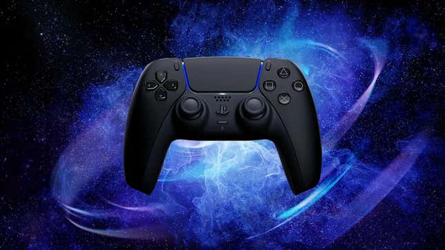A Black DualSense hangs in the air.